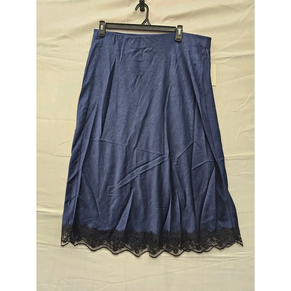 A New Day Navy Blue‎ Lace Trim Textured Satin Midi Skirt XXL 018051960 NWT